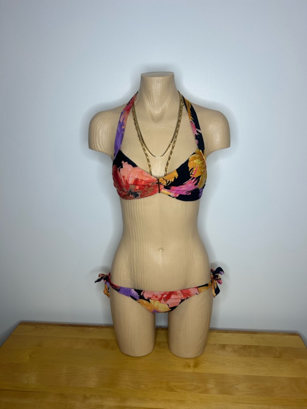 Seafolly Black Floral Halter Bikini with Pink Orange and Purple Blooms❤️XL-M